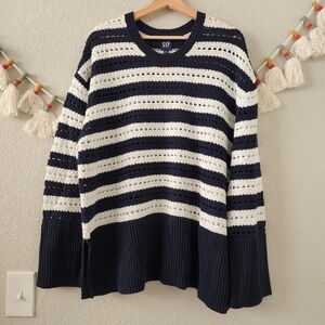 GAP 24/7 Spit Hem Crochet Stripe Chunky Knit Boxy Oversize Pullover Sweater L